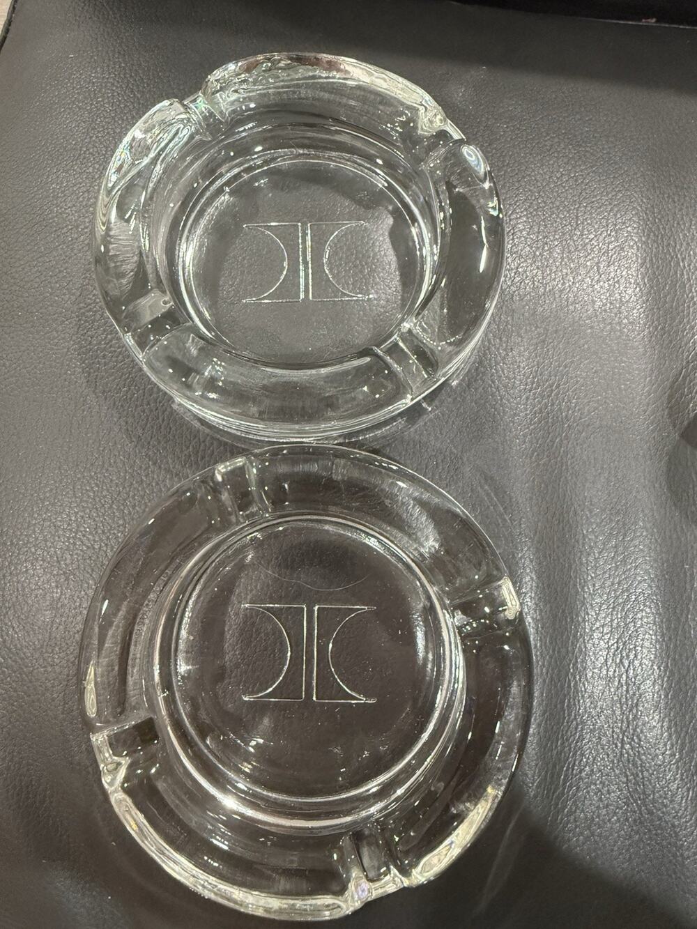 Vintage Heavy Hilton Initial Glass Ashtrays Set Of 2 Collectible Hotel Decor 5”